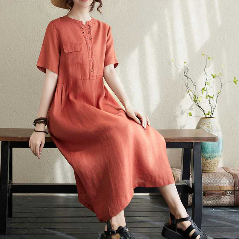 Buddha Stones Stand Collar Buttons Design Linen Short Sleeve Midi Dress With Pockets