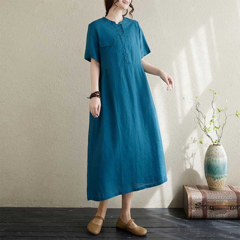 Buddha Stones Stand Collar Buttons Design Linen Short Sleeve Midi Dress With Pockets