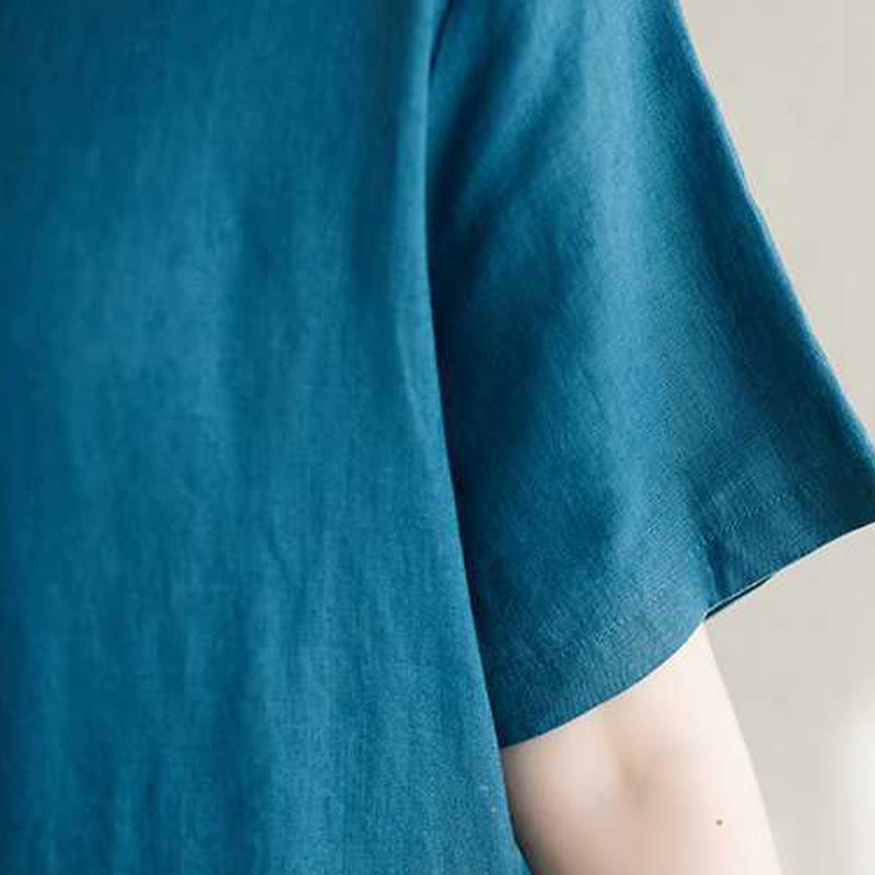Buddha Stones Stand Collar Buttons Design Linen Short Sleeve Midi Dress With Pockets