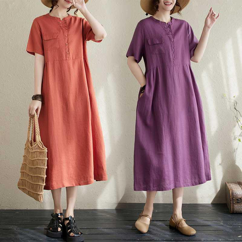 Buddha Stones Stand Collar Buttons Design Linen Short Sleeve Midi Dress With Pockets