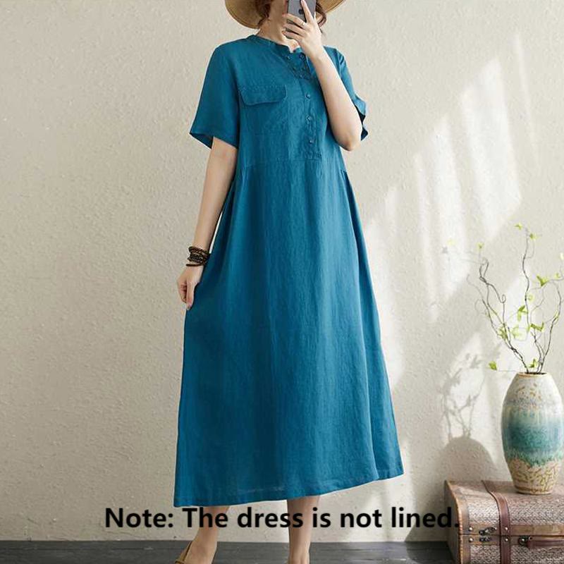 Buddha Stones Stand Collar Buttons Design Linen Short Sleeve Midi Dress With Pockets