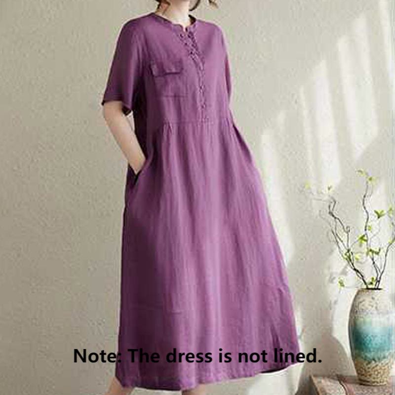 Buddha Stones Stand Collar Buttons Design Linen Short Sleeve Midi Dress With Pockets