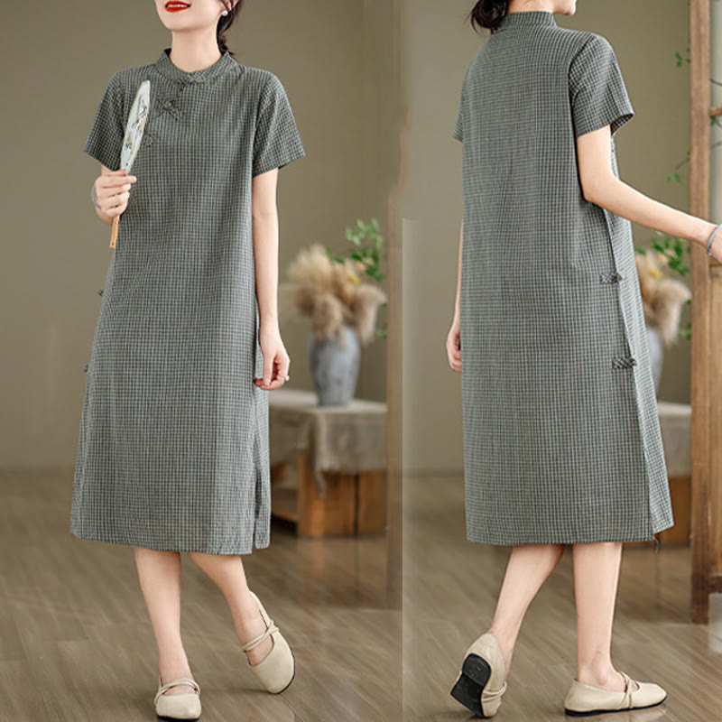 Buddha Stones Plaid Short Sleeve Frog-Button Design Cotton Linen Improved Cheongsam Midi Dress