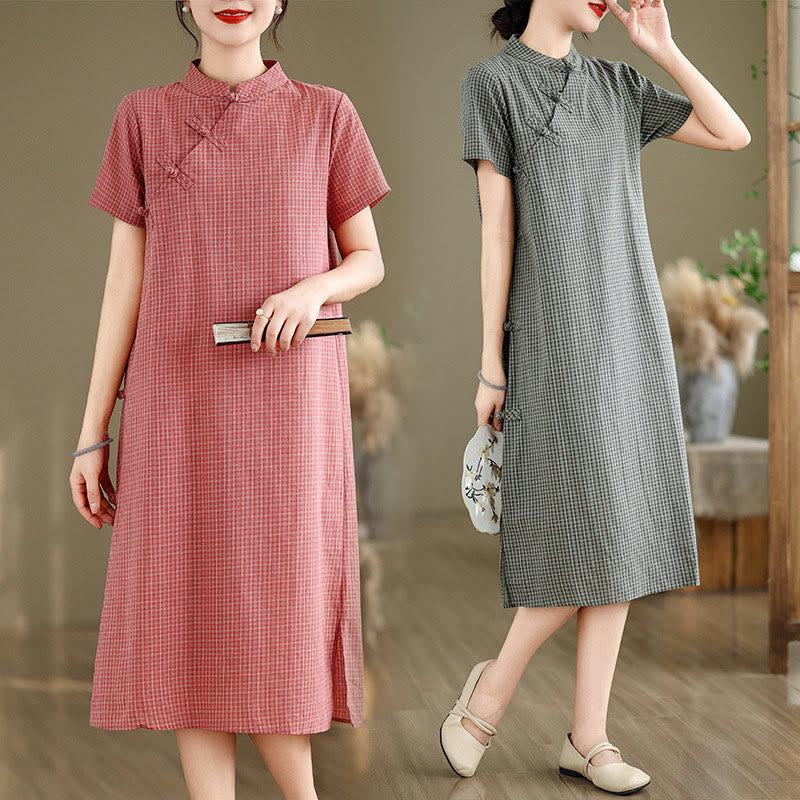 Buddha Stones Plaid Short Sleeve Frog-Button Design Cotton Linen Improved Cheongsam Midi Dress