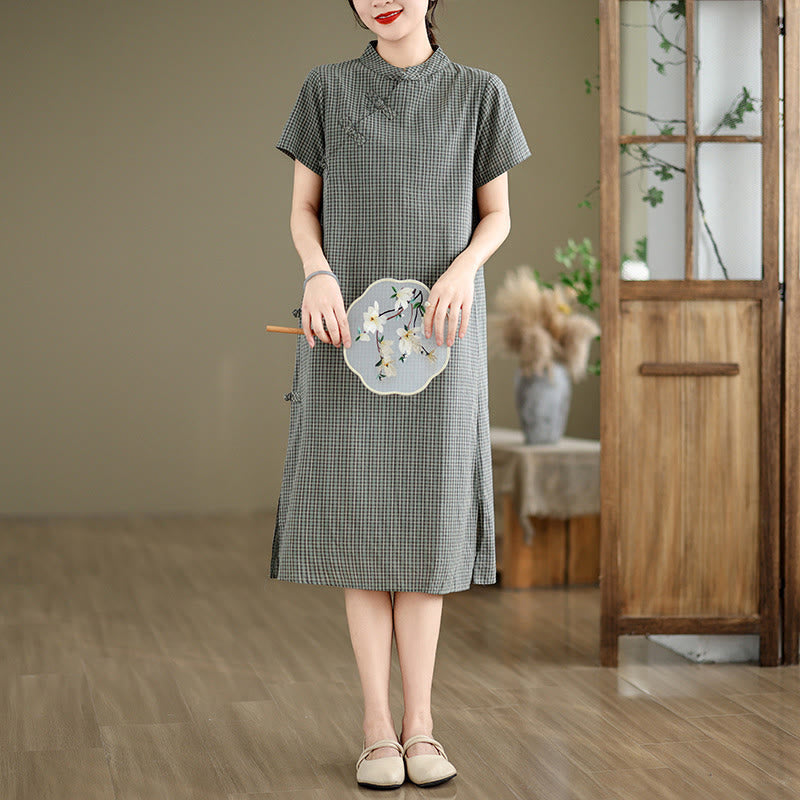 Buddha Stones Plaid Short Sleeve Frog-Button Design Cotton Linen Improved Cheongsam Midi Dress
