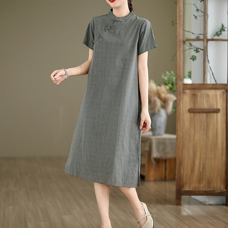 Buddha Stones Plaid Short Sleeve Frog-Button Design Cotton Linen Improved Cheongsam Midi Dress