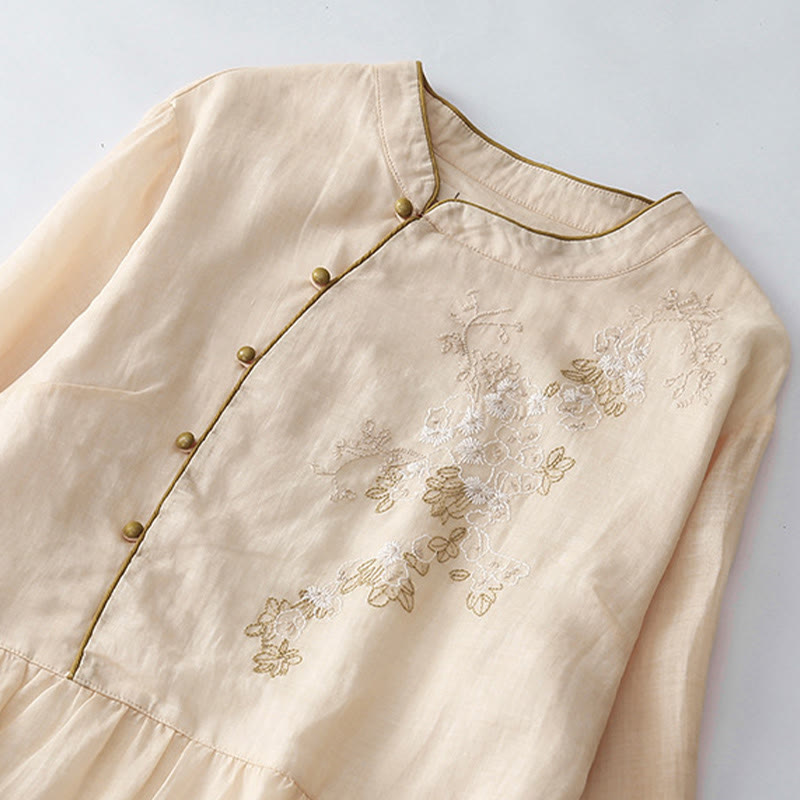 Buddha Stones Embroidery Buttons Design Long Sleeve Cotton Linen Midi Dress With Pockets