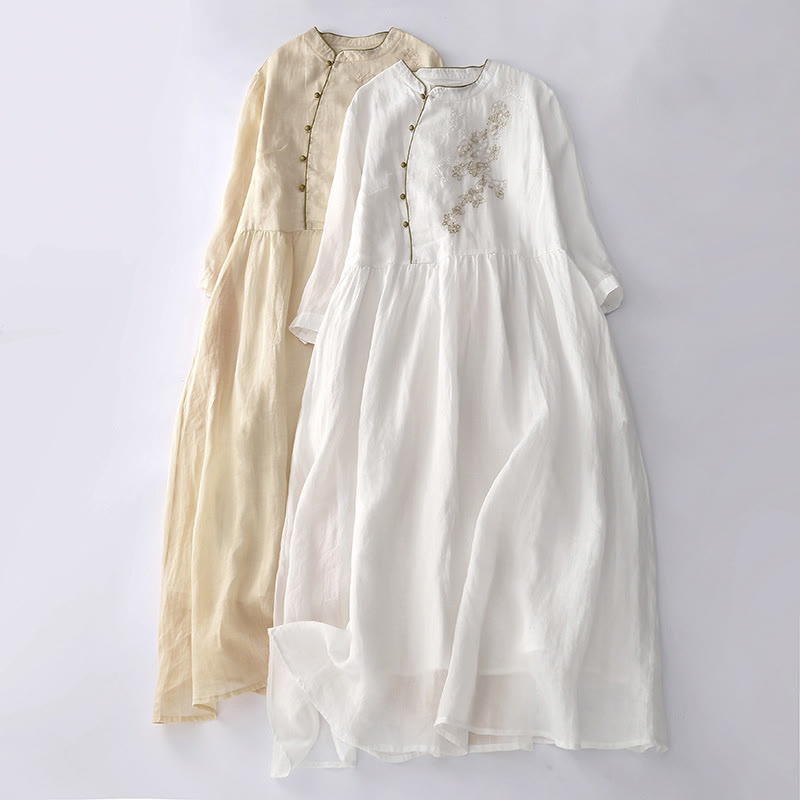 Buddha Stones Embroidery Buttons Design Long Sleeve Cotton Linen Midi Dress With Pockets