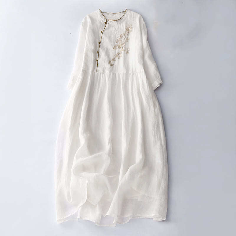 Buddha Stones Embroidery Buttons Design Long Sleeve Cotton Linen Midi Dress With Pockets