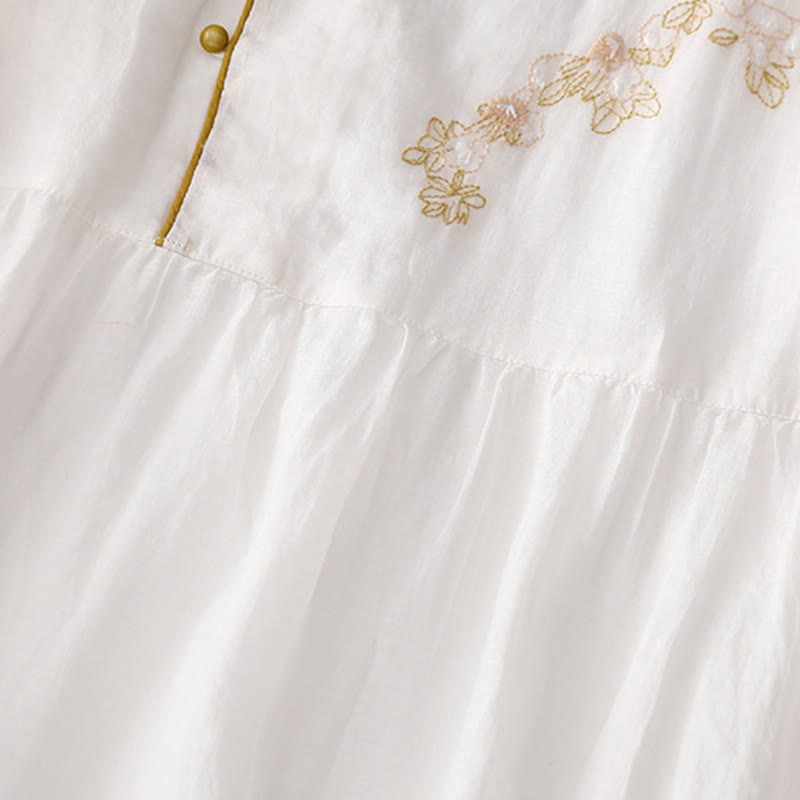 Buddha Stones Embroidery Buttons Design Long Sleeve Cotton Linen Midi Dress With Pockets