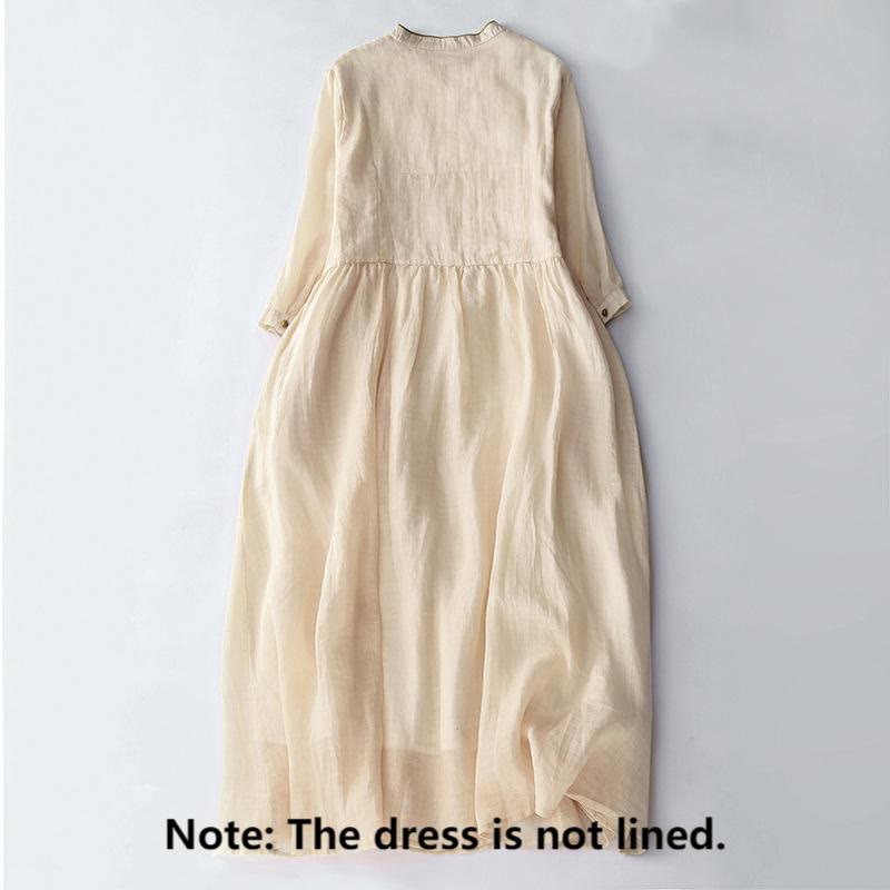 Buddha Stones Embroidery Buttons Design Long Sleeve Cotton Linen Midi Dress With Pockets