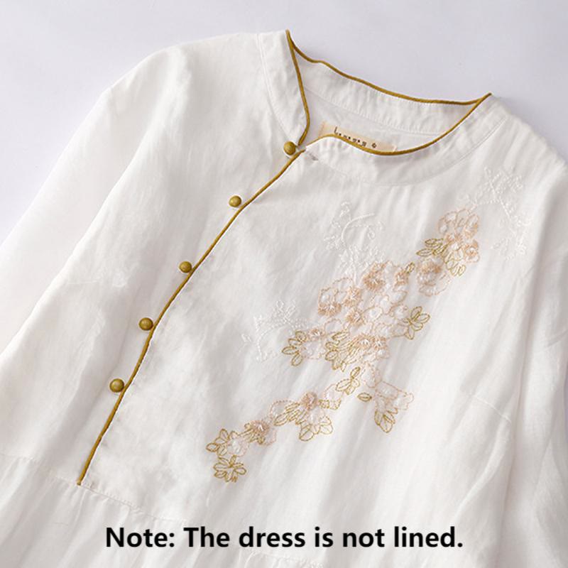 Buddha Stones Embroidery Buttons Design Long Sleeve Cotton Linen Midi Dress With Pockets