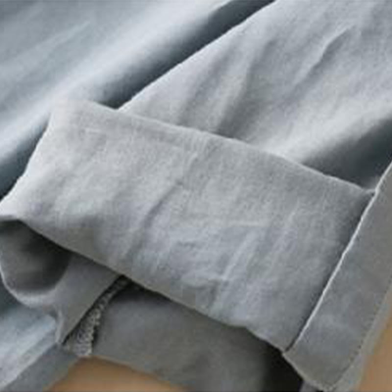 Buddha Stones Buttons Design Plain Long Sleeve Stand Collar Cotton Linen Midi Dress With Pockets