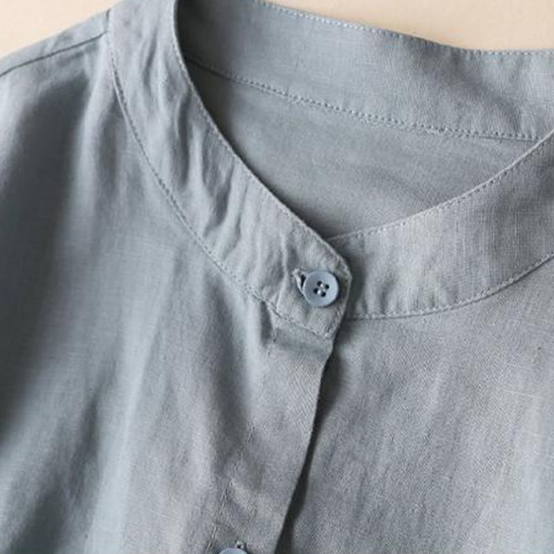 Buddha Stones Buttons Design Plain Long Sleeve Stand Collar Cotton Linen Midi Dress With Pockets