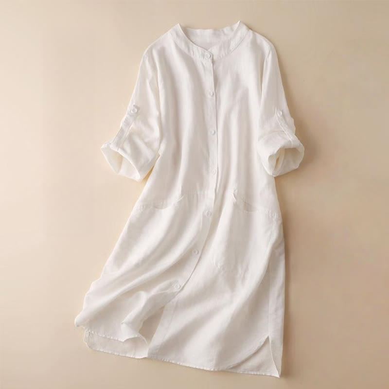 Buddha Stones Buttons Design Plain Long Sleeve Stand Collar Cotton Linen Midi Dress With Pockets