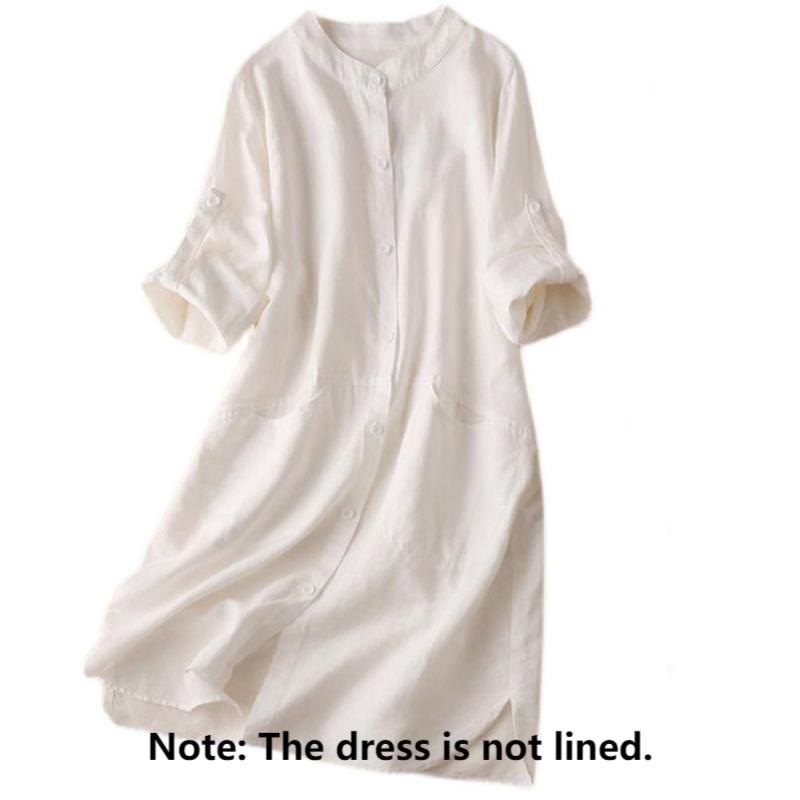 Buddha Stones Buttons Design Plain Long Sleeve Stand Collar Cotton Linen Midi Dress With Pockets