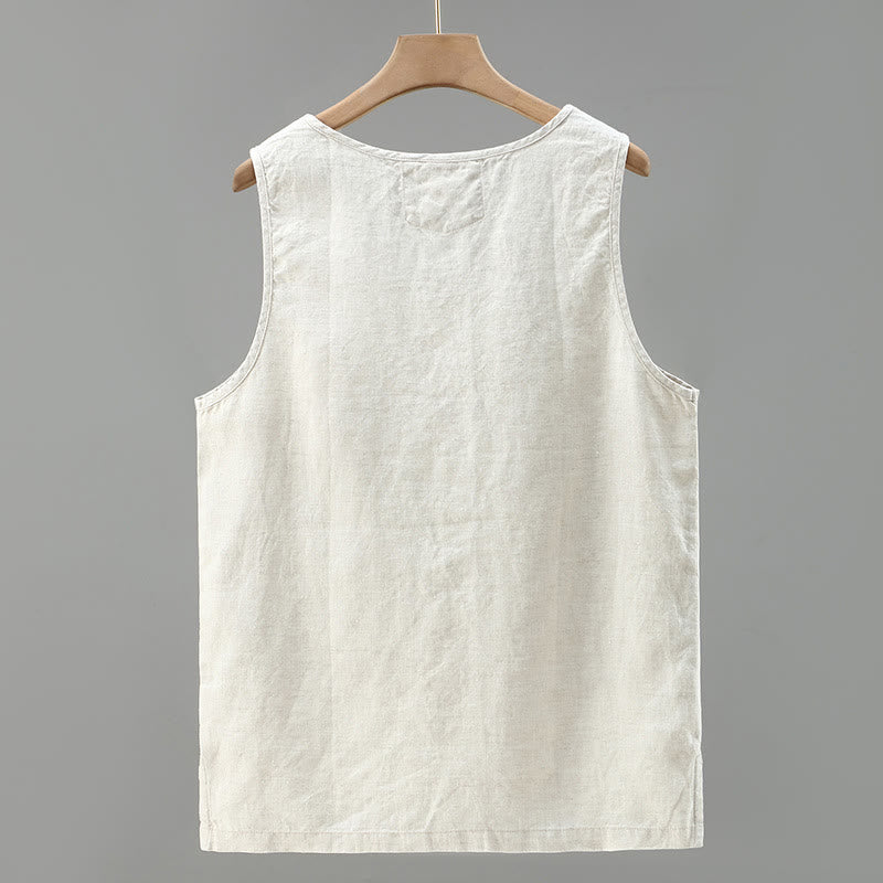 Buddha Stones Summer Solid Color Side Slit Design Sleeveless Men's Linen Vest