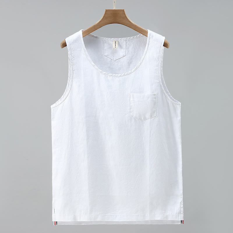 Buddha Stones Summer Solid Color Side Slit Design Sleeveless Men's Linen Vest