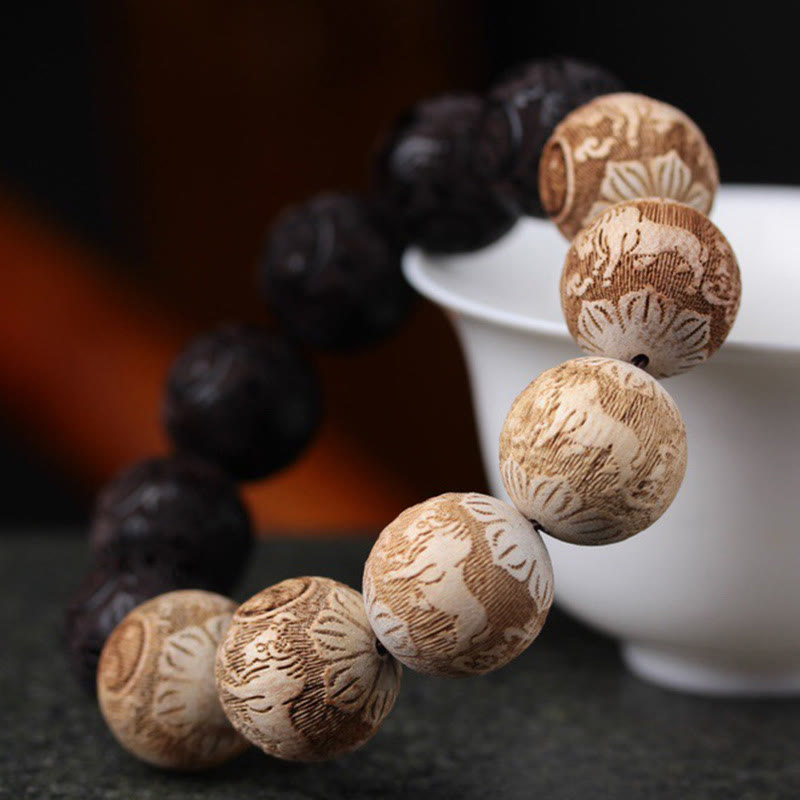 Buddha Stones Ebony Wood Camphor Wood Yin Yang Ox Engraved Peace Bracelet