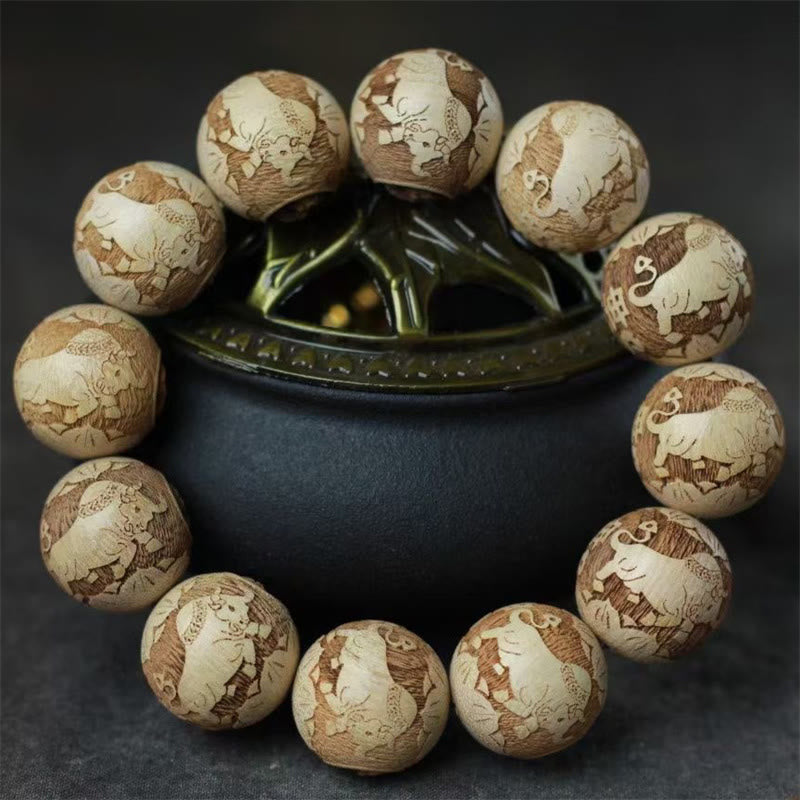 Buddha Stones Camphor Wood Yin Yang Ox Engraved Clarity Bracelet