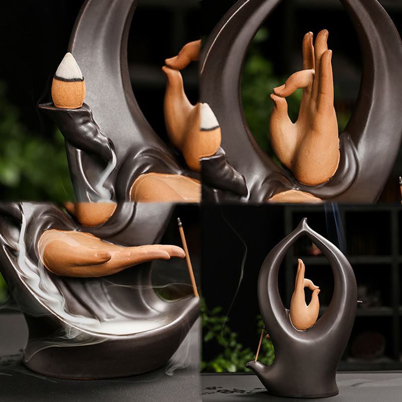 Buddha Stones Stairs Mountains Water Buddha Hand Ceramic Backflow Smoke Fountain Meditation Incense Burner Decoration