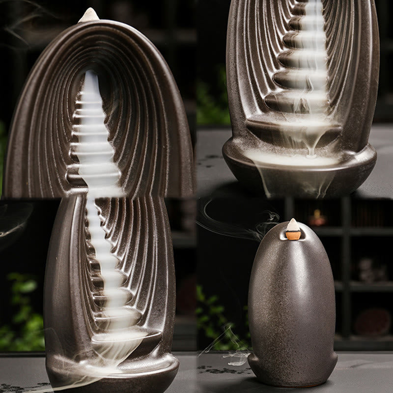 Buddha Stones Stairs Mountains Water Buddha Hand Ceramic Backflow Smoke Fountain Meditation Incense Burner Decoration