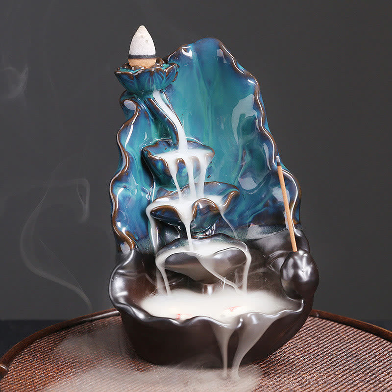 Buddha Stones Blue Lotus Leaf Ceramic Backflow Smoke Fountain Spiritual Incense Burner Decoration