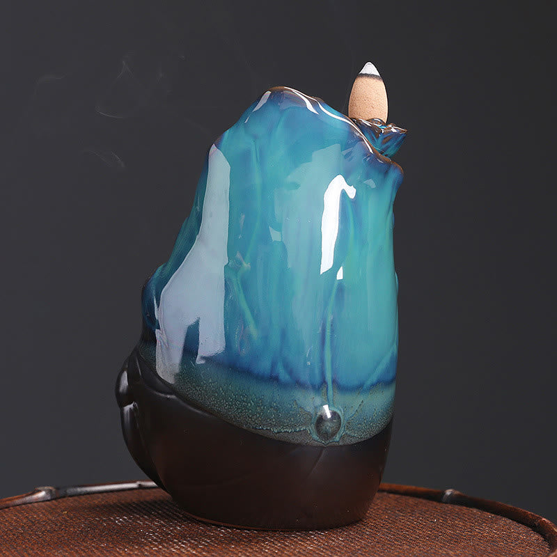 Buddha Stones Blue Lotus Leaf Ceramic Backflow Smoke Fountain Spiritual Incense Burner Decoration
