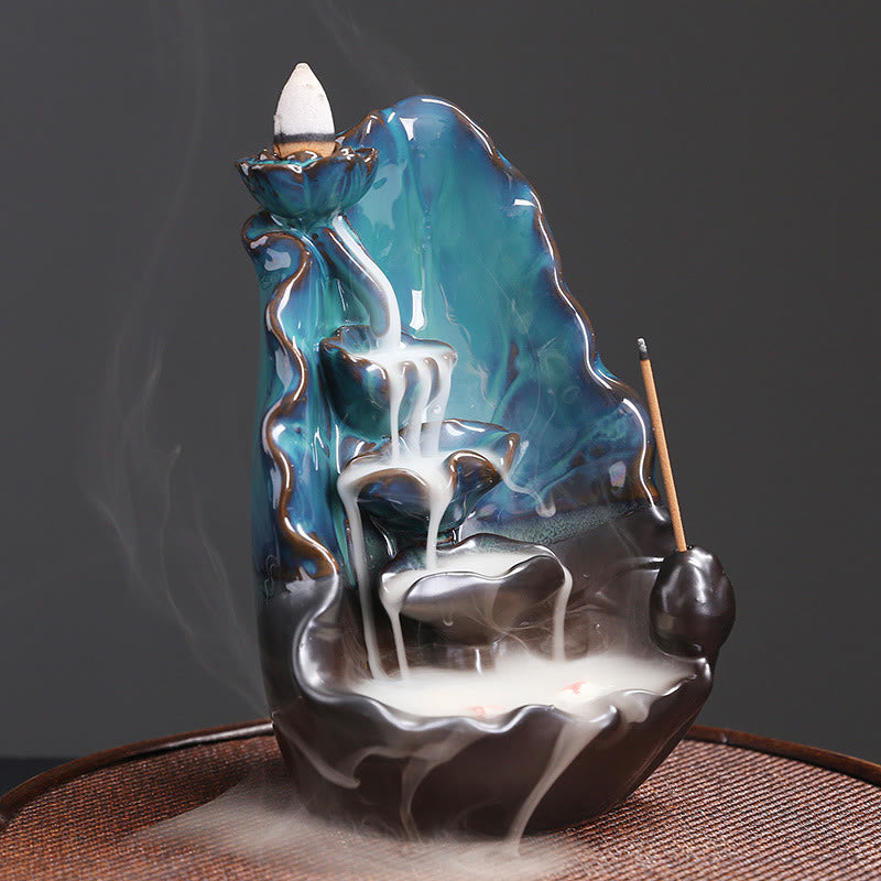 Buddha Stones Blue Lotus Leaf Ceramic Backflow Smoke Fountain Spiritual Incense Burner Decoration