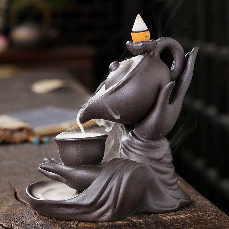 Buddha Stones Buddha Hand Holding Teapot Cup Ceramic Backflow Smoke Fountain Healing Incense Burner Decoration