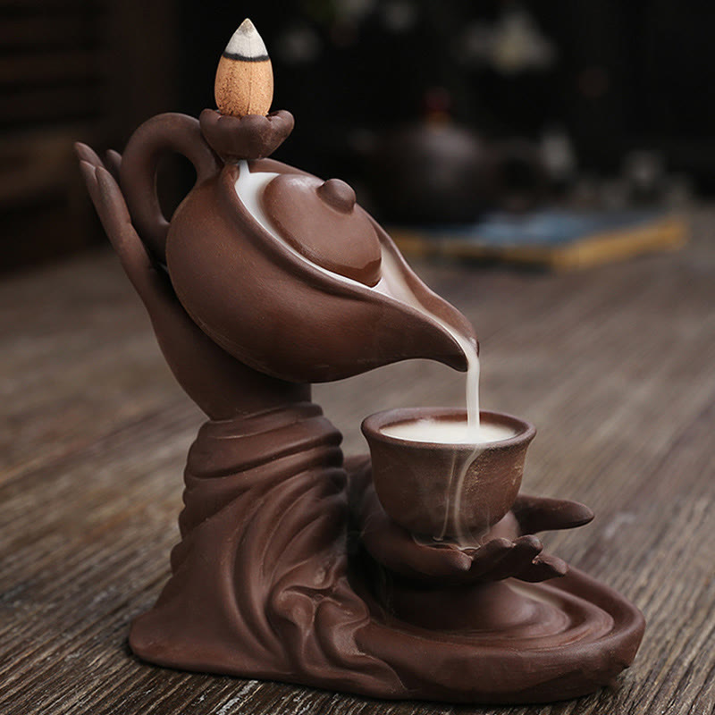 Buddha Stones Buddha Hand Holding Teapot Cup Ceramic Backflow Smoke Fountain Healing Incense Burner Decoration
