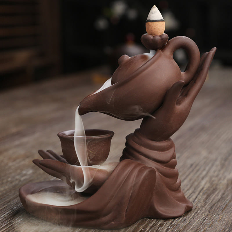 Buddha Stones Buddha Hand Holding Teapot Cup Ceramic Backflow Smoke Fountain Healing Incense Burner Decoration