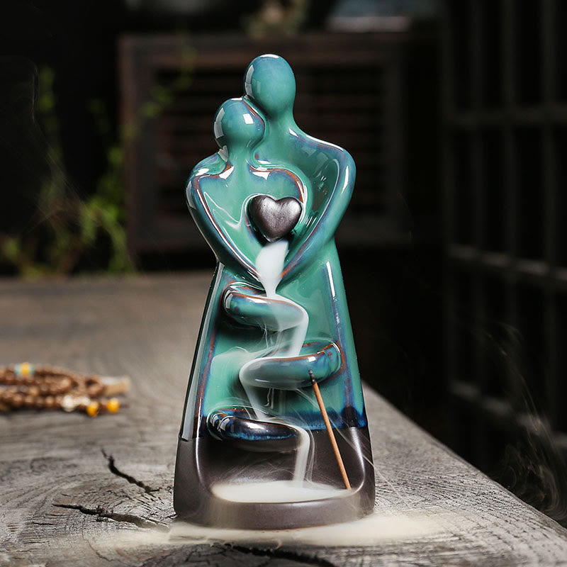 Buddha Stones Lovers Couple Embrace Love Ceramic Backflow Smoke Fountain Healing Incense Burner Decoration