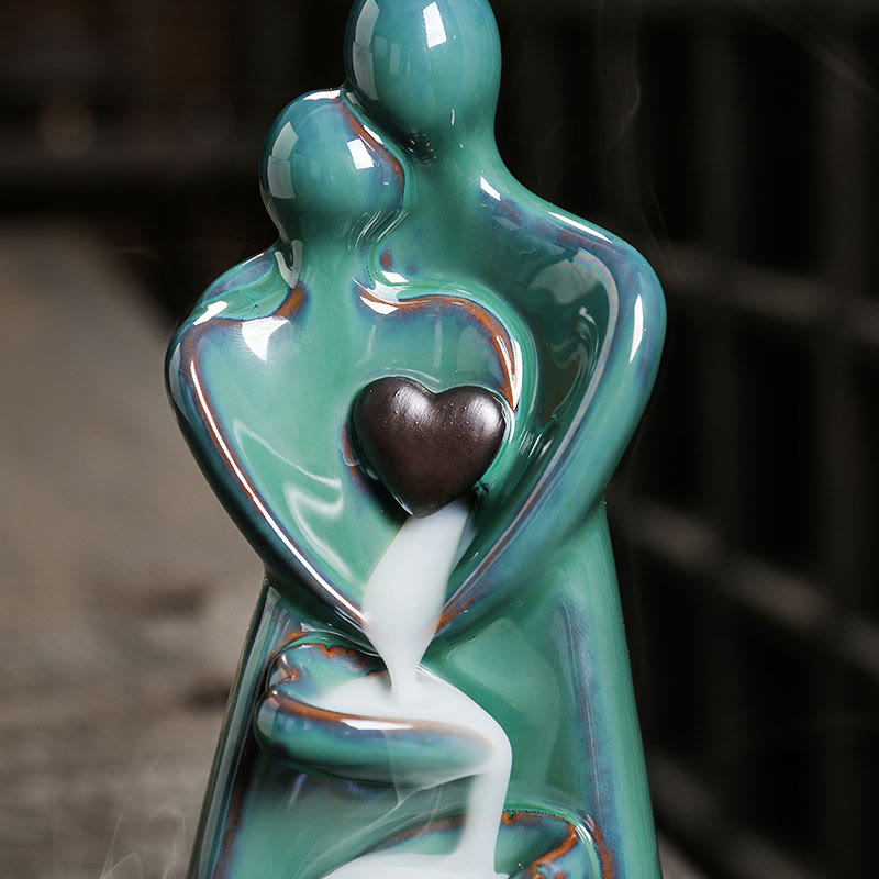 Buddha Stones Lovers Couple Embrace Love Ceramic Backflow Smoke Fountain Healing Incense Burner Decoration