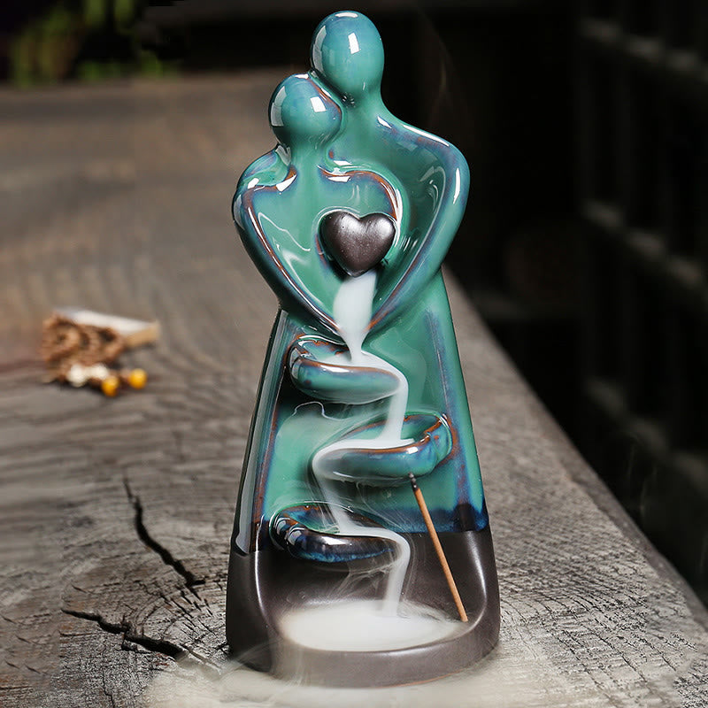 Buddha Stones Lovers Couple Embrace Love Ceramic Backflow Smoke Fountain Healing Incense Burner Decoration