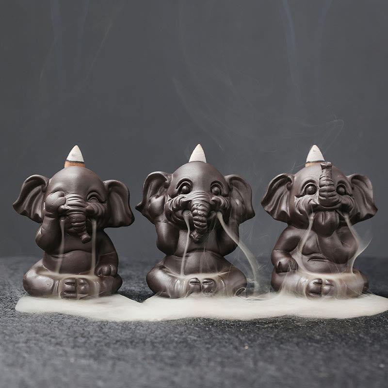 Buddha Stones Cute Elephant Purple Clay Backflow Smoke Fountain Peace Healing Incense Burner Decoration