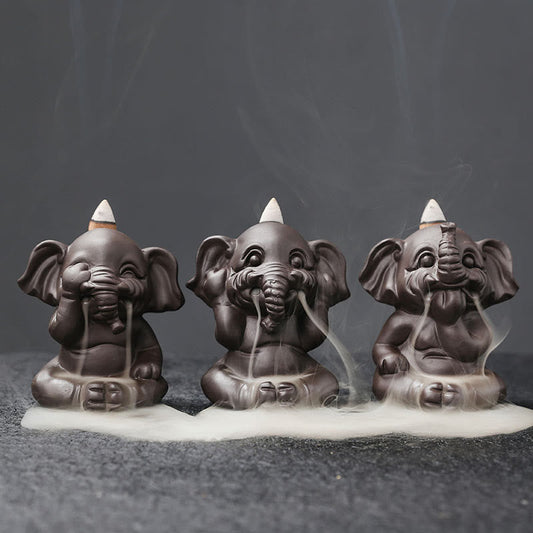 Buddha Stones Cute Elephant Purple Clay Backflow Smoke Fountain Peace Healing Incense Burner Decoration