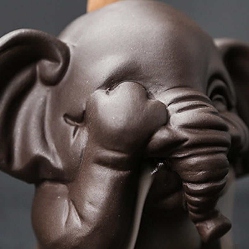 Buddha Stones Cute Elephant Purple Clay Backflow Smoke Fountain Peace Healing Incense Burner Decoration