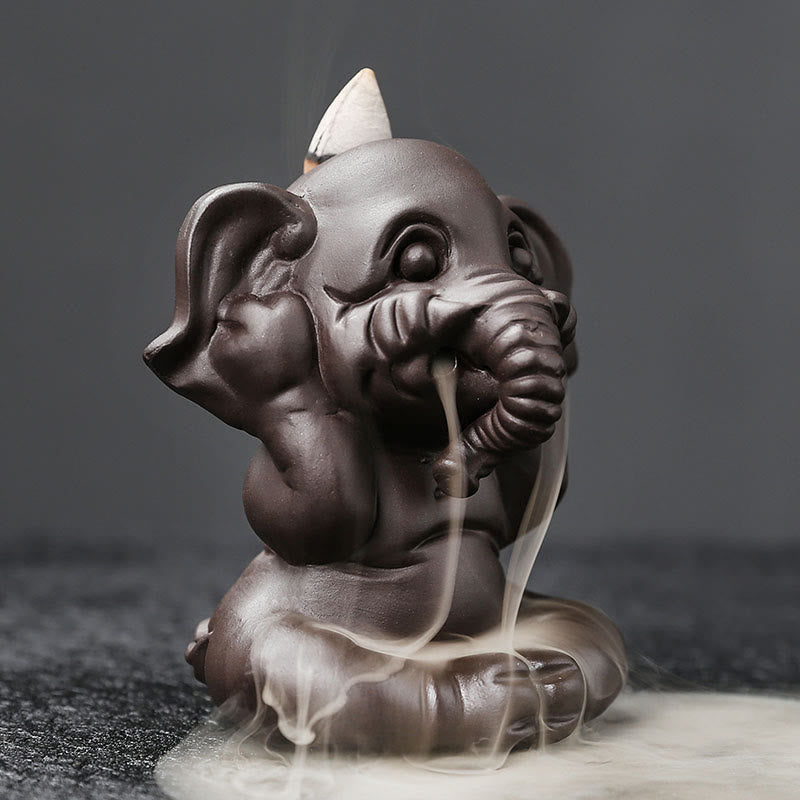 Buddha Stones Cute Elephant Purple Clay Backflow Smoke Fountain Peace Healing Incense Burner Decoration