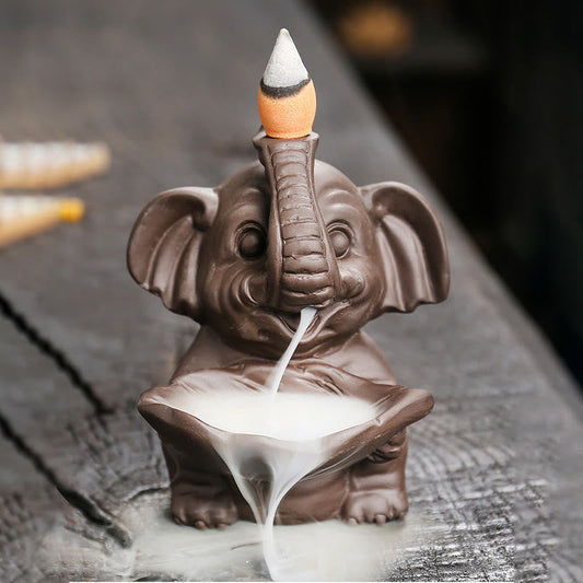 Buddha Stones Little Elephant Holding Leaf Purple Clay Backflow Smoke Fountain Healing Incense Burner Decoration