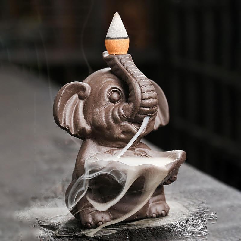Buddha Stones Little Elephant Holding Leaf Purple Clay Backflow Smoke Fountain Healing Incense Burner Decoration