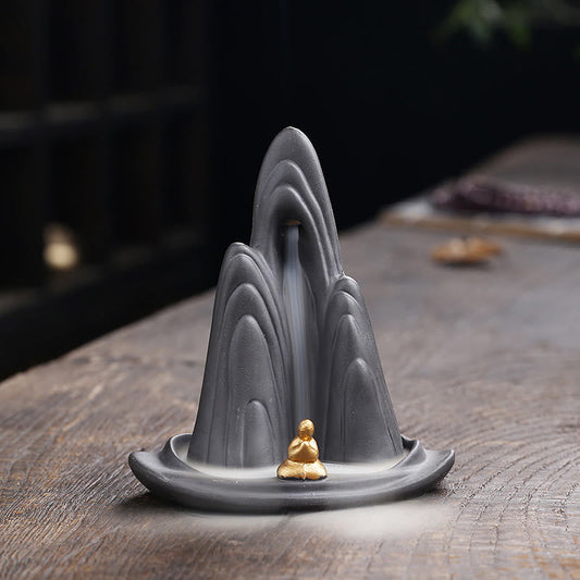 Buddha Stones Little Monk Mountains Flowing Water Purple Clay Ceramic Healing Backflow Incense Burner Decoration