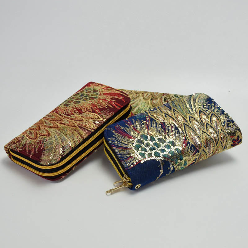 Buddha Stones Peacock Double-sided Embroidery Cash Holder Wallet Shopping Purse