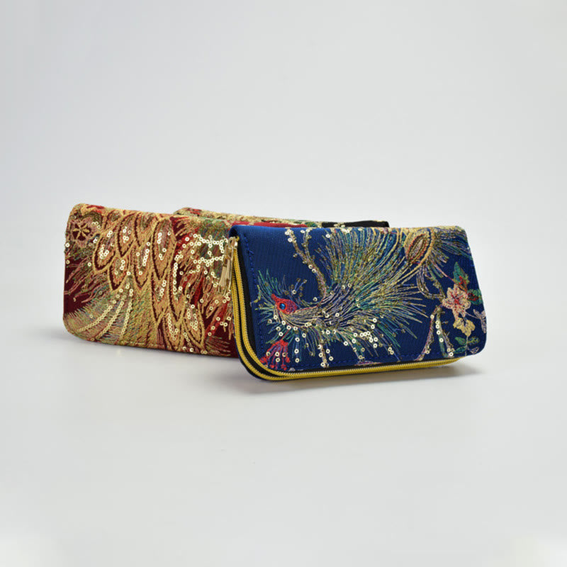 Buddha Stones Peacock Double-sided Embroidery Cash Holder Wallet Shopping Purse