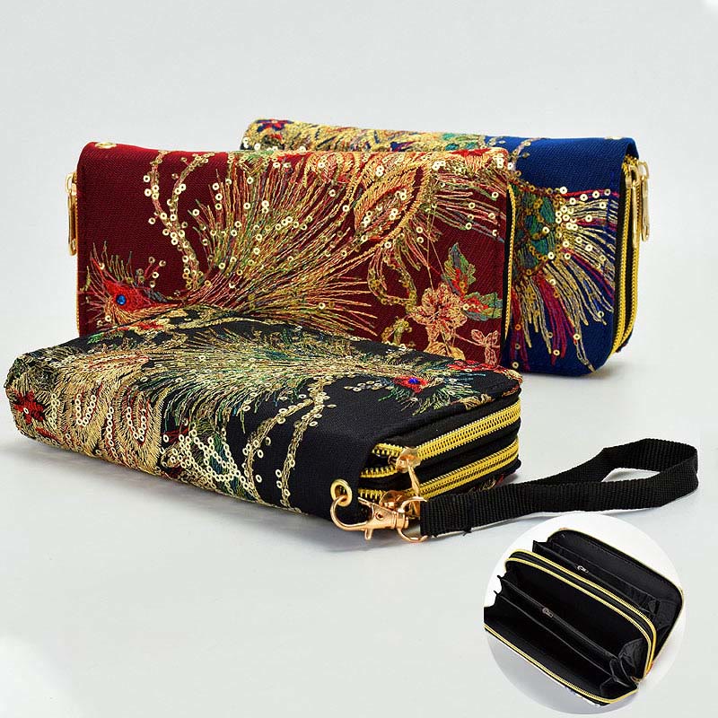 Buddha Stones Peacock Double-sided Embroidery Cash Holder Wallet Shopping Purse