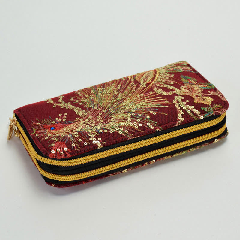 Buddha Stones Peacock Double-sided Embroidery Cash Holder Wallet Shopping Purse