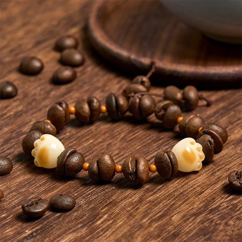 Buddha Stones Handmade Natural Coffee Beans Cat Head Bodhi Seed Claw Paw Peace Bracelet