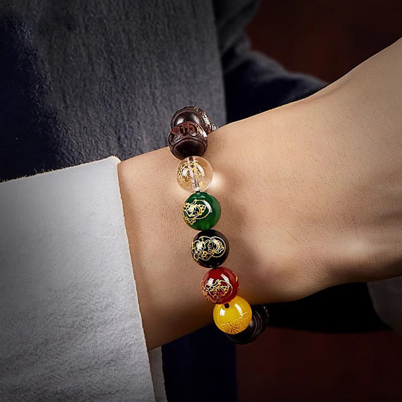 Buddha Stones Small Leaf Red Sandalwood Five Directions Gods of Wealth Calm Bracelet