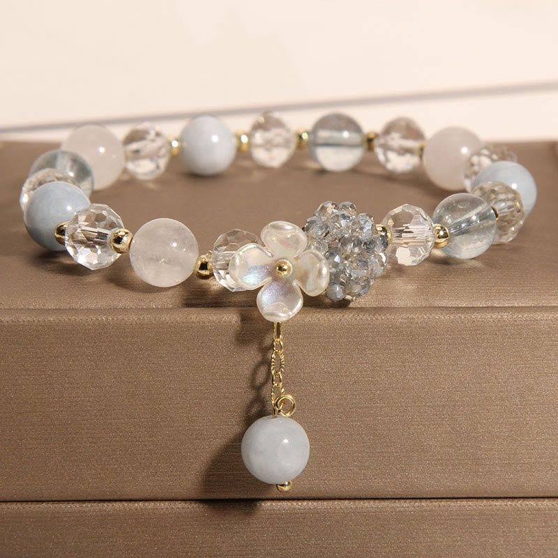 Buddha Stones Aquamarine Yellow Cat's Eye Stone Flower Peace Bracelet