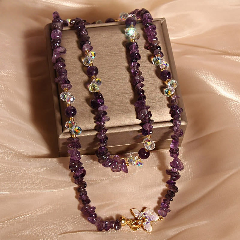 Buddha Stones Butterfly Flower Amethyst Strawberry Quartz Balance Necklace Pendant